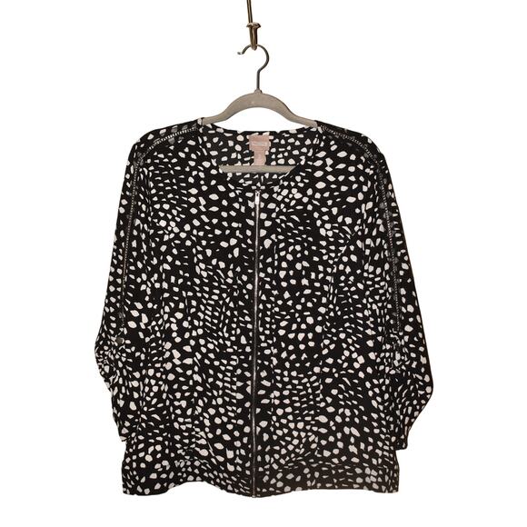 CHICO'S $98 Black White Zip Front Woven Blouse Chain Trim Chico's 2 / US Large - Picture 1 of 4